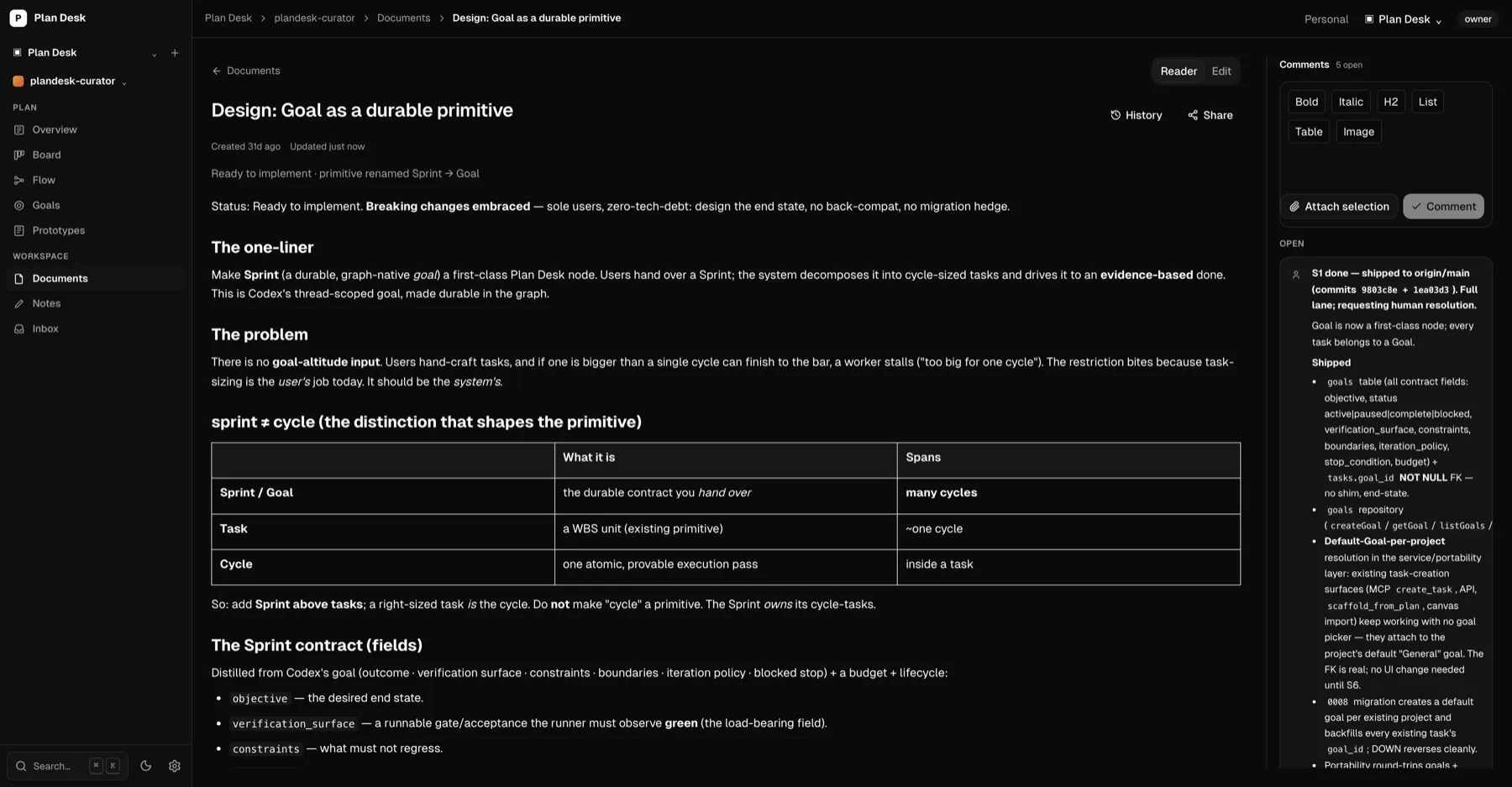 A Plan Desk design document open in the reader with a review comment in the sidebar