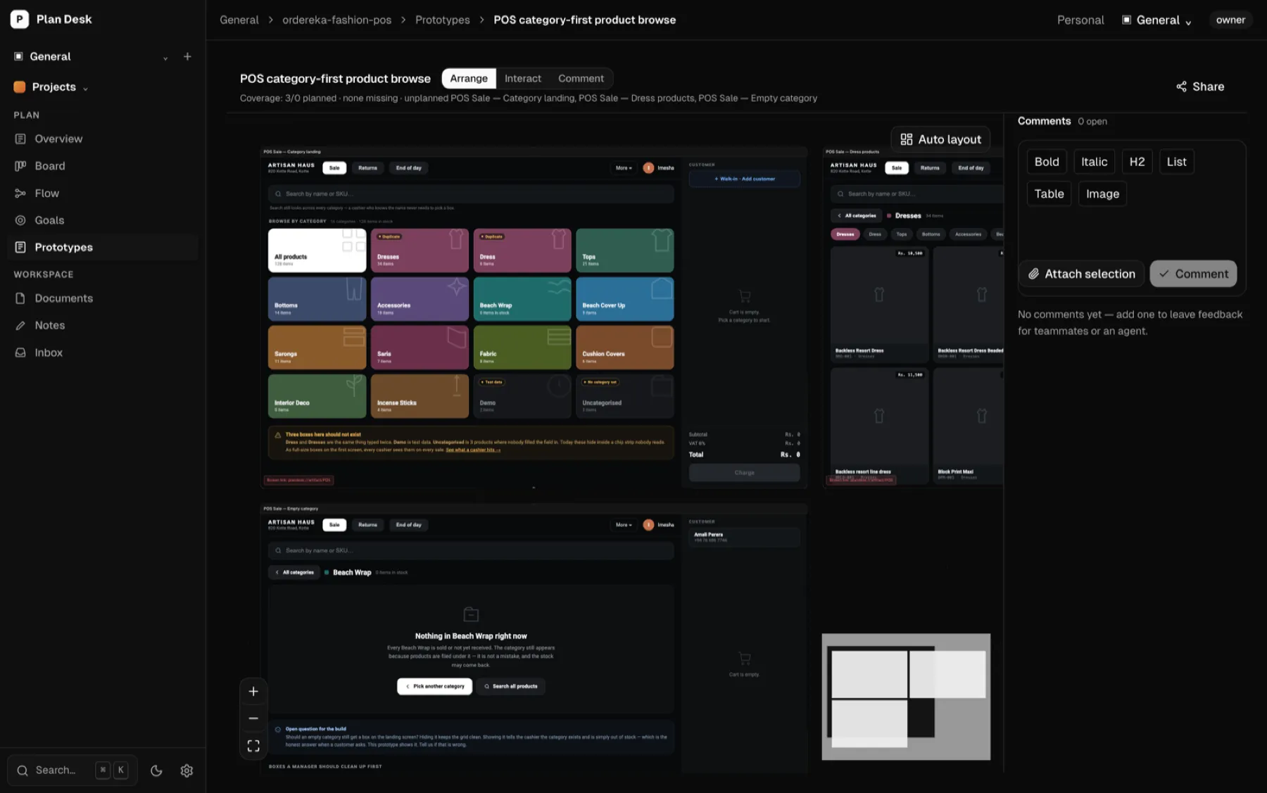 A Plan Desk prototype canvas showing generated point-of-sale screens open for comment